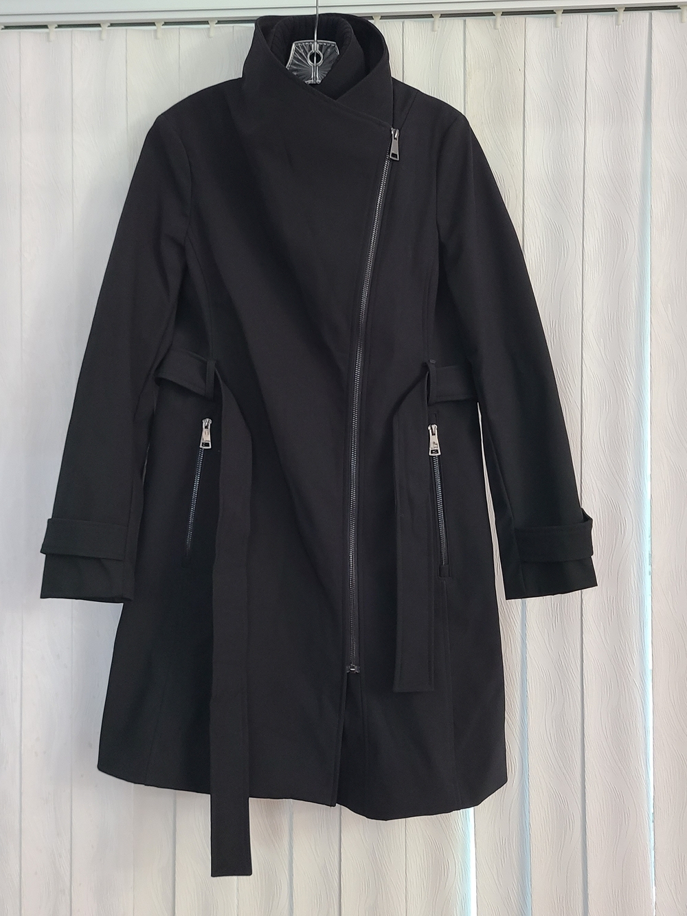 Halston Sz S Black Double Zip Front Zip Pockets Waist Tie Neutral Trench Coat